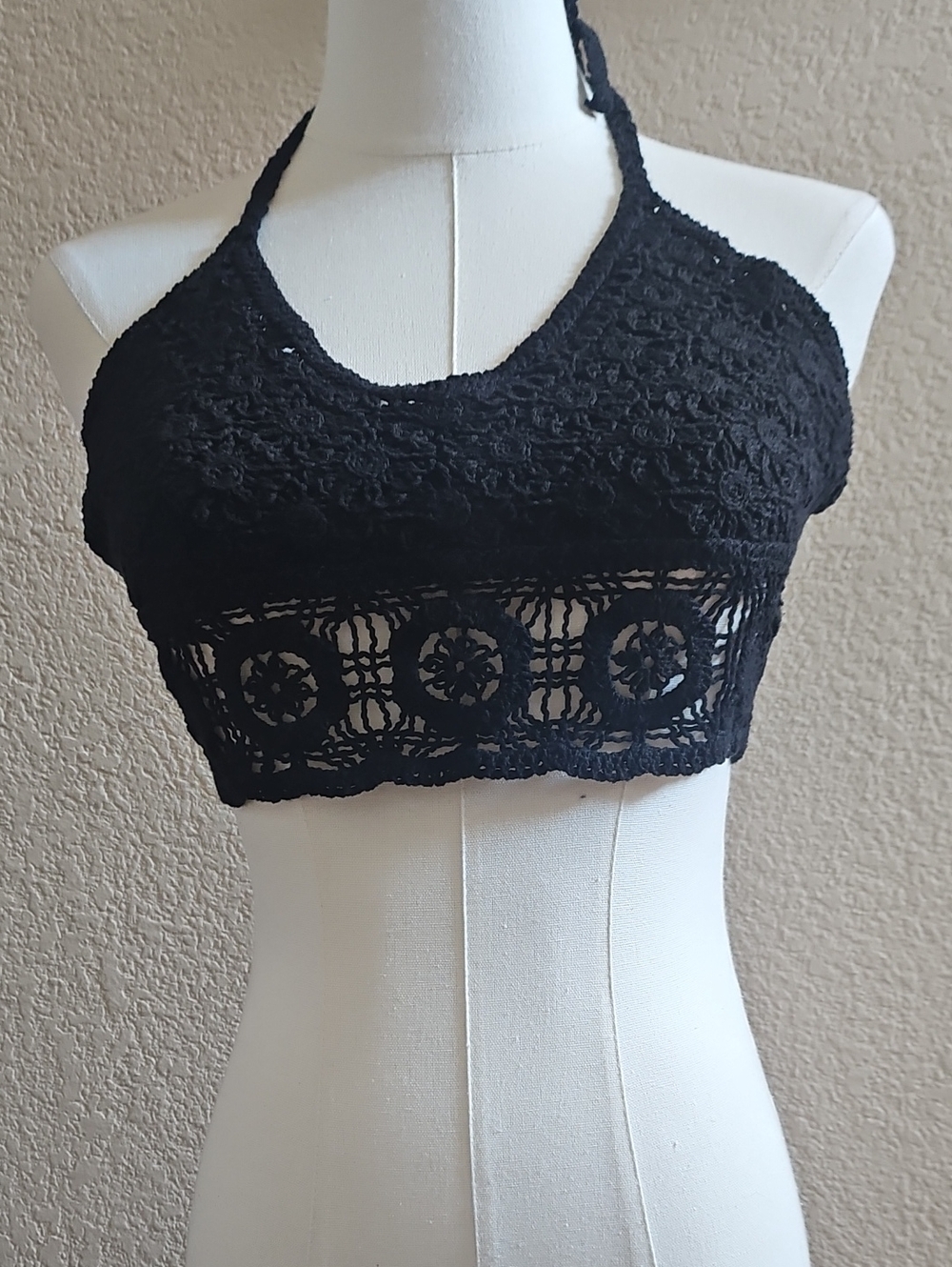 Free People Black Crochet Halter Bralette
